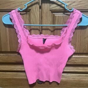 SHEIN Pink Lace Accent Ribbed Top